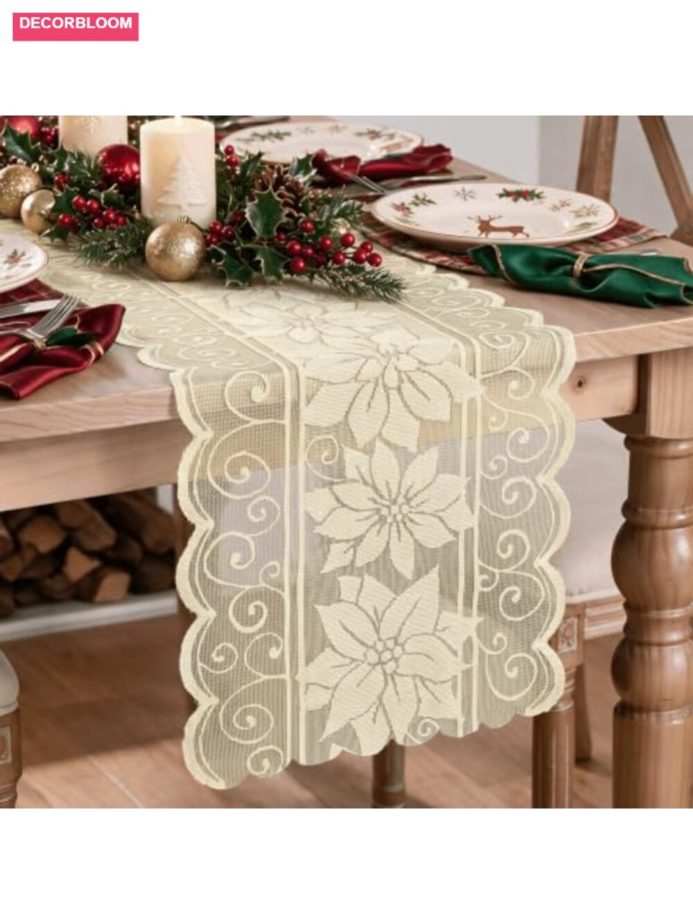 Lace Jacquard Poinsettia Christmas Table Runner 13x72 Inch Holiday Decor